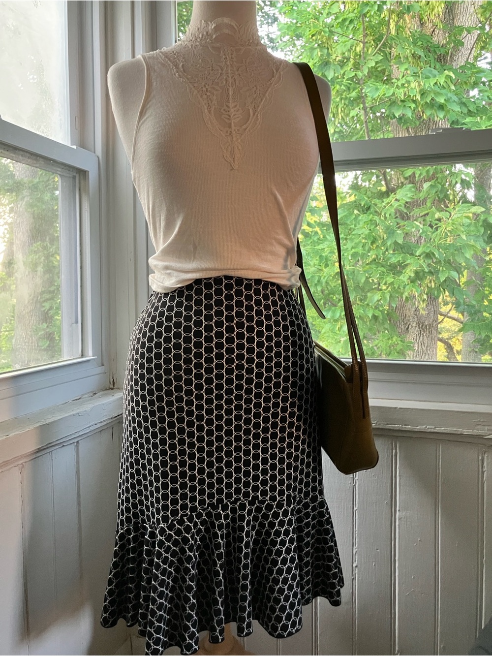 Vintage Y2K Charter Club Black and White Geometric Flounce-Hem Midi Skirt